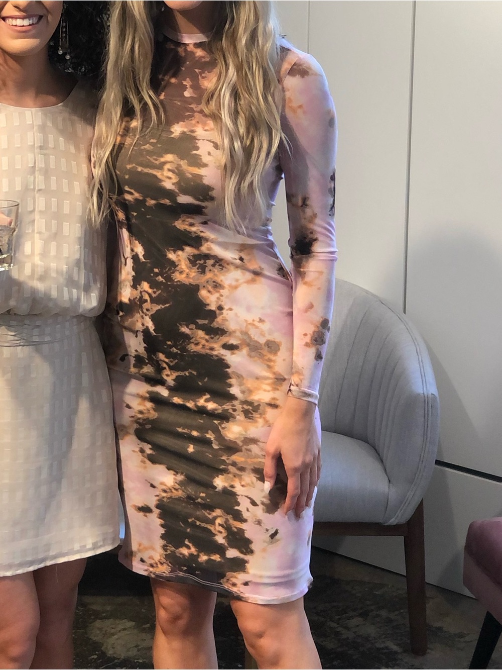 AFRM Pink and Brown Tie-Dye Long Sleeve Bodycon Dress